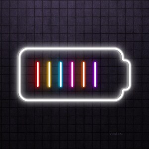 May include: A neon sign in the shape of a battery with a white outline. The battery is filled with five vertical bars in red, yellow, blue, pink, and purple. The background is a dark, textured surface.