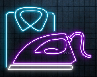 May include: Neon sign depicting an iron and a shirt collar. The iron is purple and white, and the collar is blue. The sign is on a dark blue tiled background.