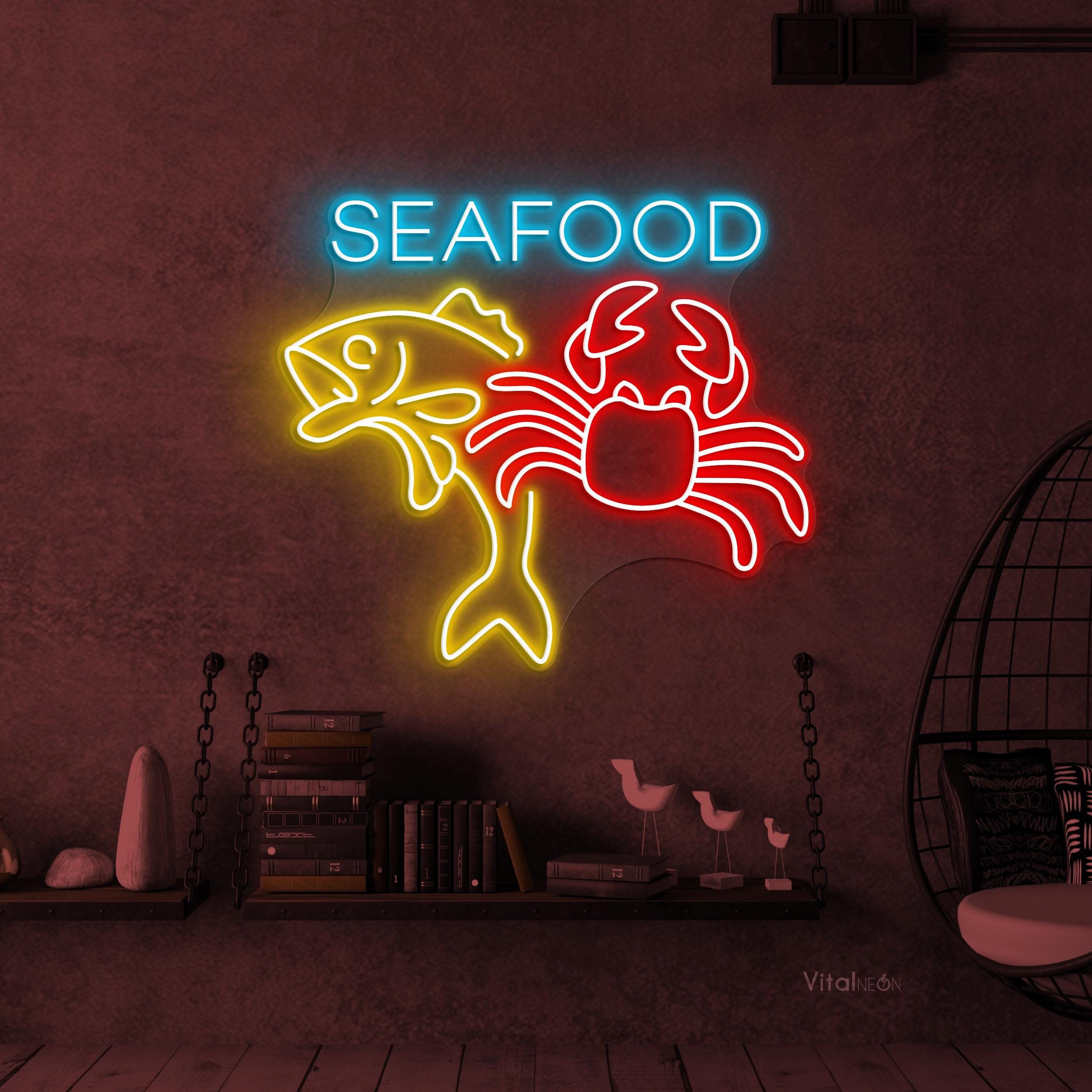 Seafood Crab LED Neon Sign, Fish Shop Restaurant Beach Wall Decor 