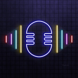 May include: A neon sign featuring a white outline of a microphone with a blue center. The design includes colorful light bars on either side, with a dark blue brick background. The sign is a vibrant display of color.