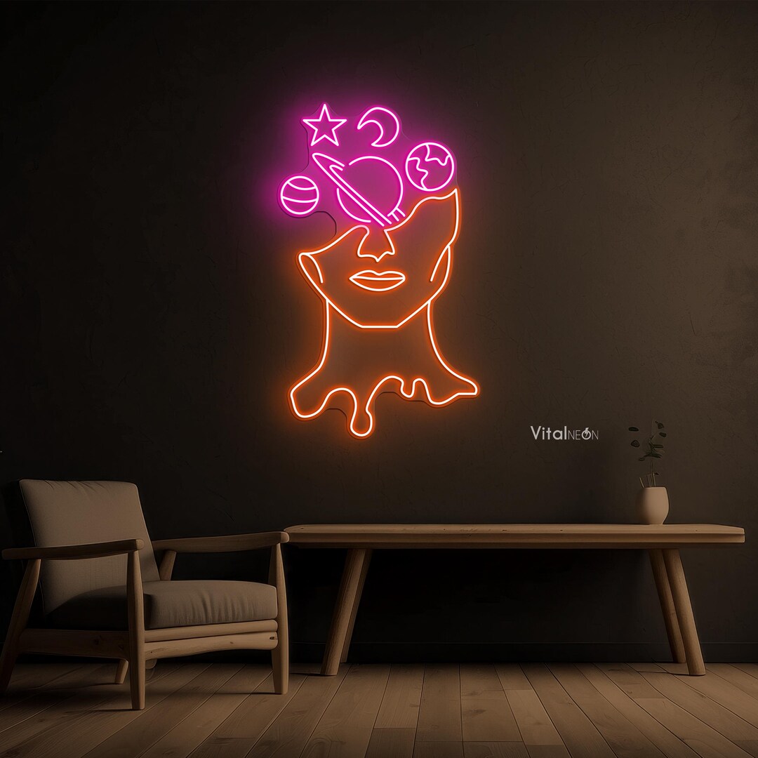 Head With Planets Neon Sign LED Light Space Wall Art Cosmic Face