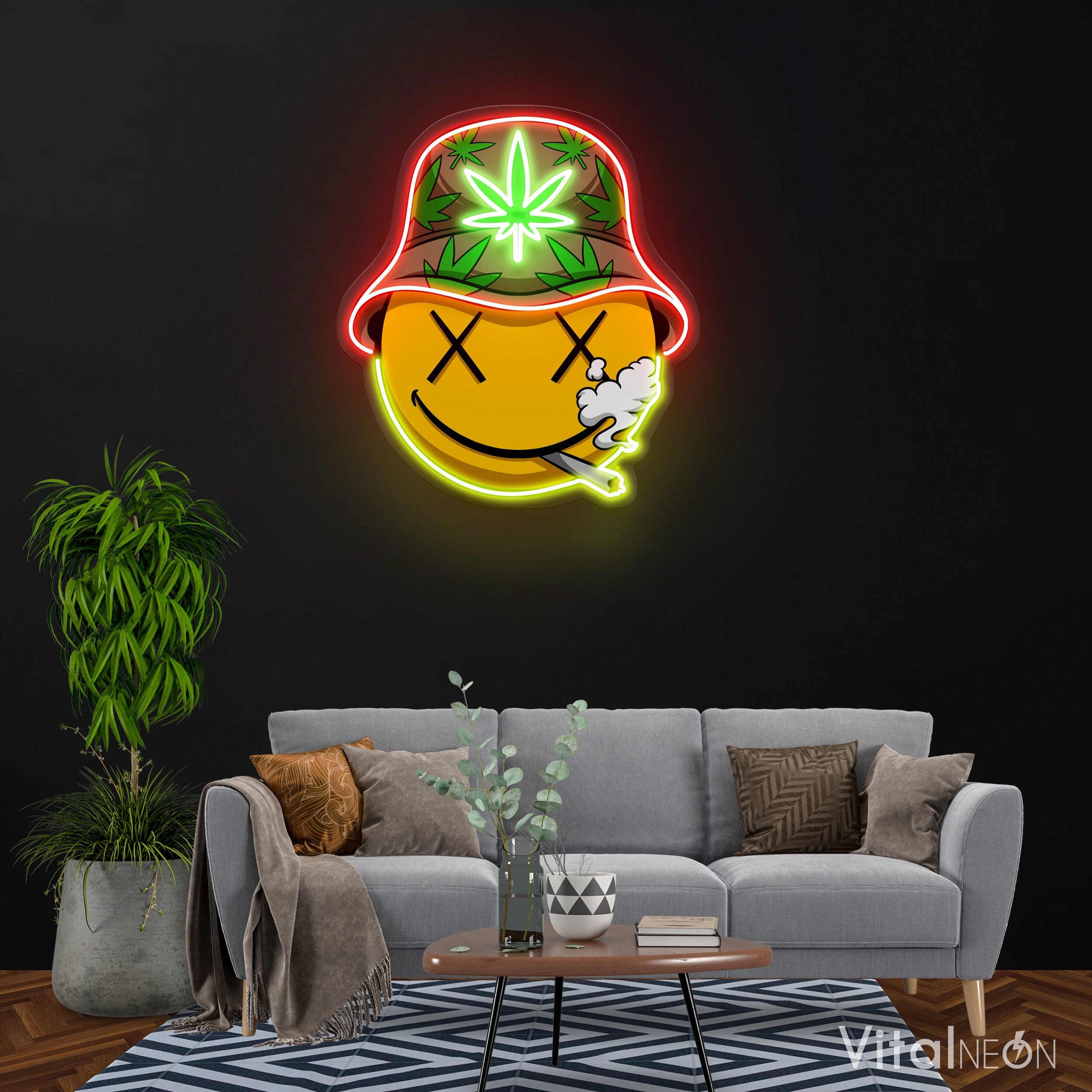 Smiley Face Neon Sign, Smoking Weed Emoji Light, Weed Happy Face Neon Art, LED Pop Art, Marijuana Leaf Sign, Home, Shop, Bar Wall Art Decor