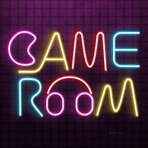 May include: A neon sign displaying the words "GAME ROOM" in vibrant colours. The letters are outlined in pink, yellow, and blue, set against a dark purple, tiled backdrop. The design evokes a retro arcade aesthetic.