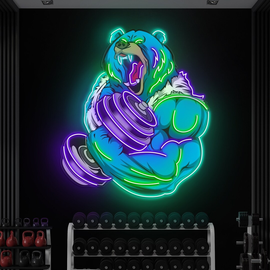 Light Angry Bear Strong Dumbbell Neon Light, Angry Bear Neon Sign, Bear Neon Pop ...