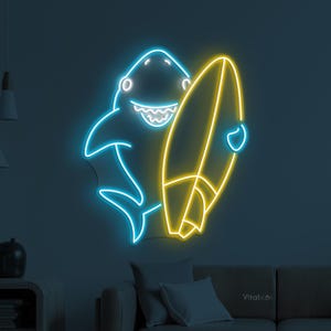 Surfing Shark Neon Sign, Shark Surfing LED Light, Beach Vibes Wall Decor, Fish Wall Art, Sea Food Restaurant Decor, Ocean Shark Neon Sign