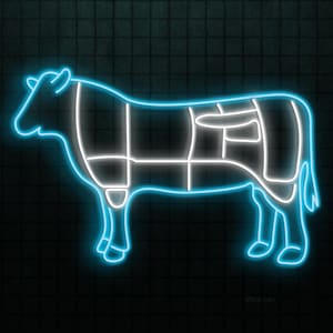 May include: A neon sign showing a cow outline in blue, with white lines indicating meat cuts. The background is a dark, textured surface. The sign is designed to resemble a butcher's diagram.