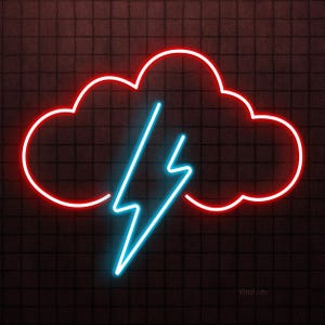 May include: A red neon cloud with a blue neon lightning bolt inside. The cloud and lightning bolt are on a dark brick background.
