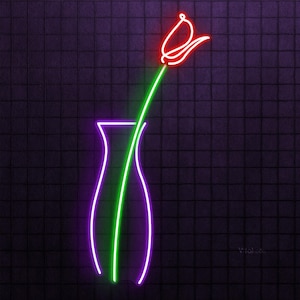 May include: Neon sign depicting a single red flower in a purple vase with a green stem. The vase and flower are outlined in neon lights against a dark tiled background.