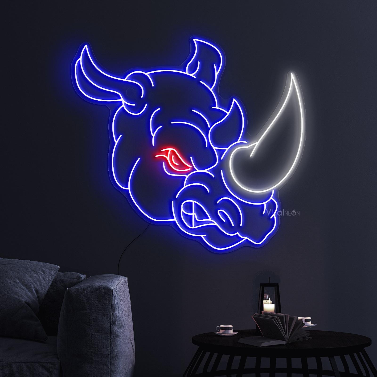Rhino Neon Light LED Sign Rhinoceros Head Wall Art for Kids Safari