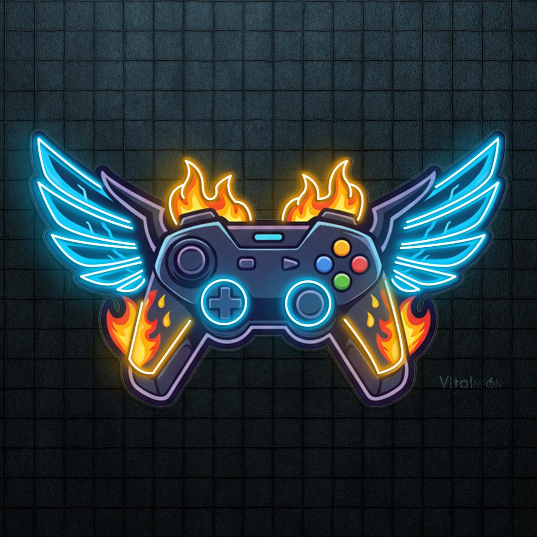 Controller R2 Flaming Controller Neon Sign Flaming Winged LED Pop Art Epic Gaming Game Room ...