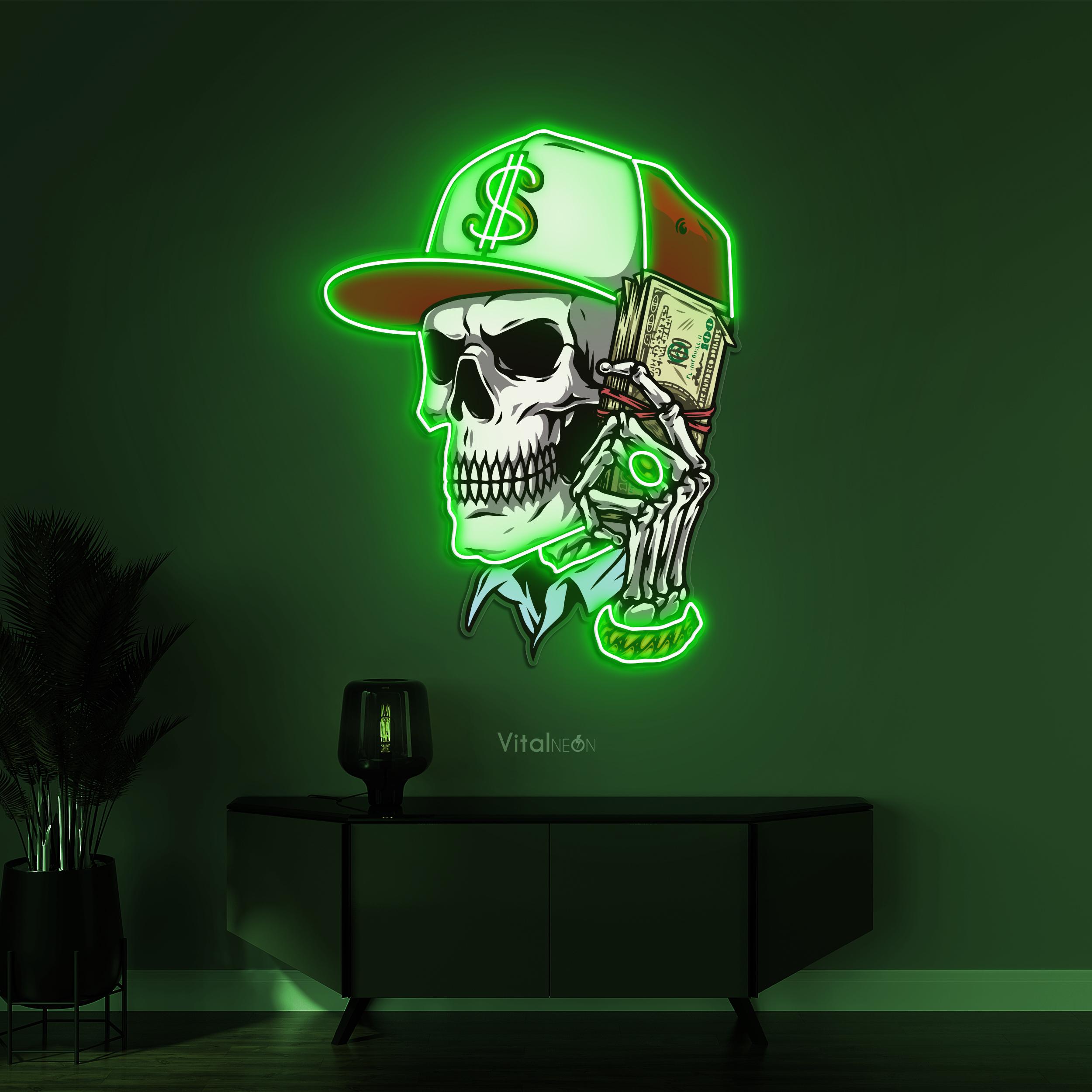 Money Gangster Skull Neon Light, Neon Pop Sign for Game Room, Bar 