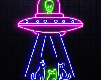 UFO And Cats Neon Sign, Custom Alien Abduction LED Light, Flying Saucer Feline Silhouette Wall Art, SciFi Playroom Kids Nursery Garage Gift