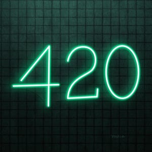 May include: Neon green sign with the number 420 on a dark green tiled wall.