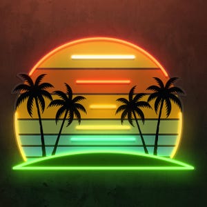 Tropical Sunset Palm Tree Neon Sign, Retro LED Wall Art, Tropical Sunset Beach House Decor, Vacation Home Neon Sign, Beach Sunset LED Light