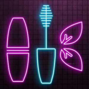 May include: Neon sign depicting a mascara tube, mascara wand, and two leaves. The tube and leaves are outlined in pink, the wand and container in blue. The background is a dark, textured surface, with a grid pattern.
