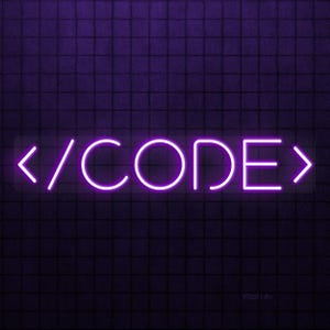 May include: A neon sign in bright purple spelling out "CODE". The sign uses a programming-style font, with angle brackets and a slash. The background is a dark purple, textured surface.