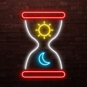 May include: Neon sign depicting an hourglass shape with a red top and bottom, white outline, and a yellow sun and blue crescent moon inside. The sign is mounted on a dark brown brick wall.