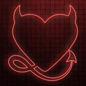 May include: A red neon sign in the shape of a heart with devil horns and a tail. The sign is set against a dark red brick background. The neon design is a bold and striking graphic.