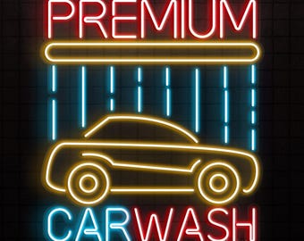 May include: Neon sign with the words "PREMIUM CARWASH" in red and blue. A yellow outline of a car is under a yellow horizontal bar with blue vertical lines, suggesting a car wash. The sign is on a black background.