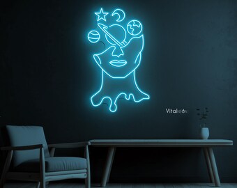 Head With Planets Neon Sign LED Light Space Wall Art Cosmic Face