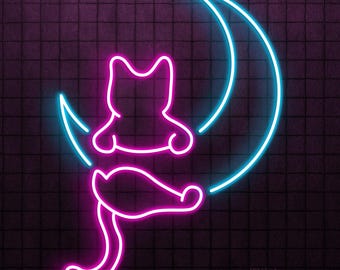 Cat On Moon Neon Sign LED Light Celestial Wall Art Nursery Room Decor