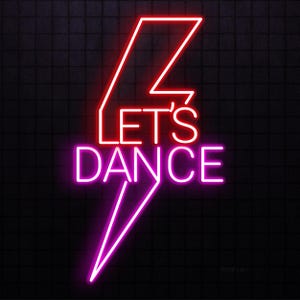 May include: Neon sign displaying the phrase "LET'S DANCE" in white and pink, set against a black backdrop. The text is contained within a red and pink lightning bolt shape, creating a lively and dynamic design.