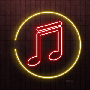 May include: A red neon music note symbol in a yellow neon circle against a dark brick wall background.