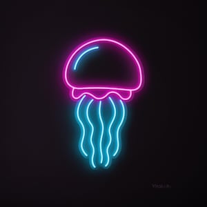 May include: A neon sign depicting a jellyfish. The jellyfish is illuminated with vibrant pink and blue neon lights, set against a black backdrop. It features a rounded top and flowing tentacles.