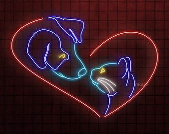 May include: Neon sign featuring a dog and cat inside a red heart outline. The dog is blue, and the cat is white. The background is a dark red brick wall. The sign is a symbol of pet love.