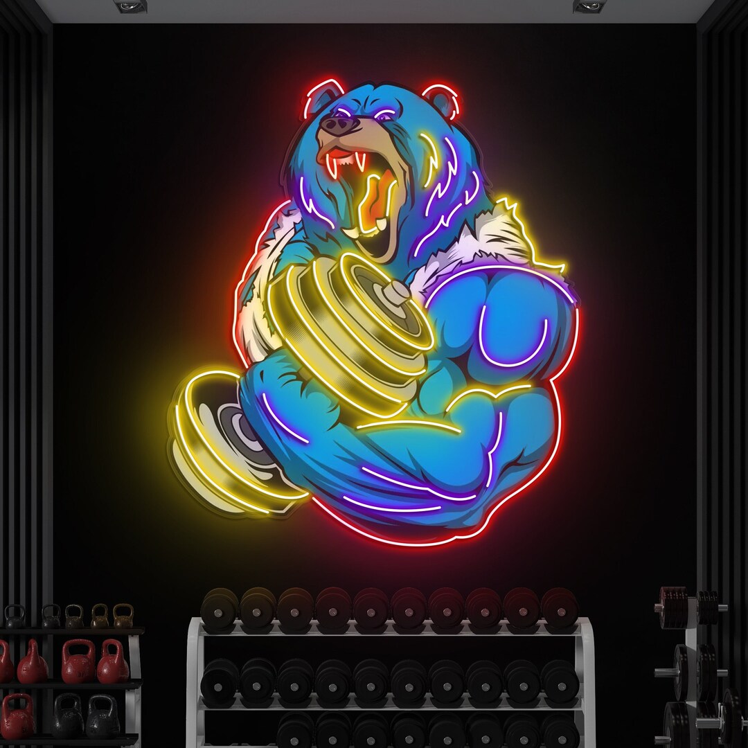 Strong Rhett Neon Bear Strong Dumbbell Neon Light, Angry Bear Neon Sign, Bear Neon Pop ...