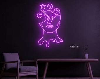 Head With Planets Neon Sign LED Light Space Wall Art Cosmic Face
