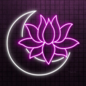 May include: Neon sign featuring a bright pink lotus flower within a white crescent moon. The design is set against a dark purple brick wall background, creating a striking contrast. The artwork has a modern, minimalist aesthetic.
