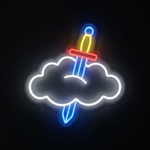 May include: A neon sign featuring a white cloud outline with a sword piercing through the center. The sword has a yellow handle, a red crossguard, and a blue blade. The entire design is illuminated against a dark background, creating a vibrant display.