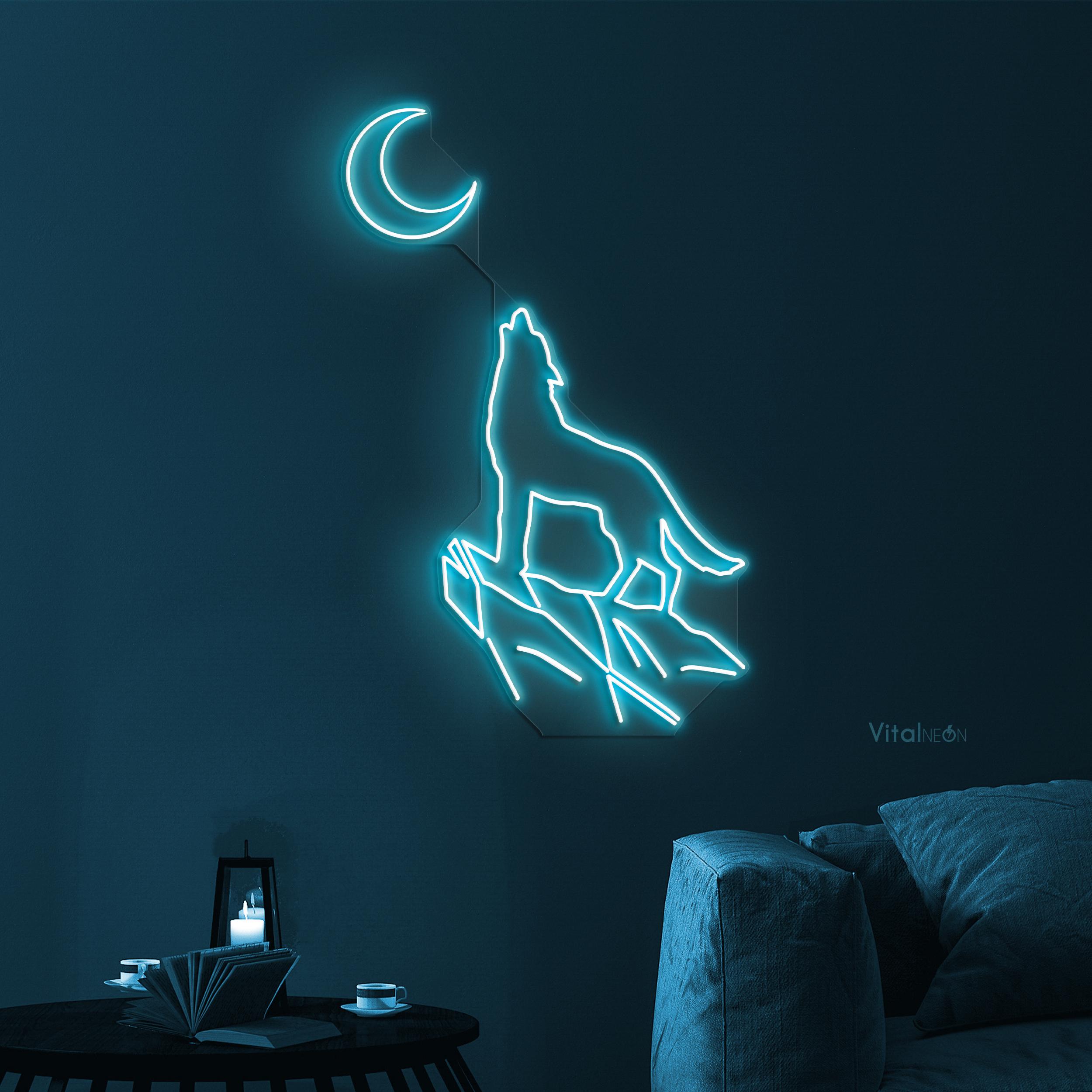 AEHEMNGZ Wolf Moon Neon Sign – Dimmable Yellow LED Wall Light, USB Powered, 12.6 X 15.75 Inches, For Room, Cafe, Bar