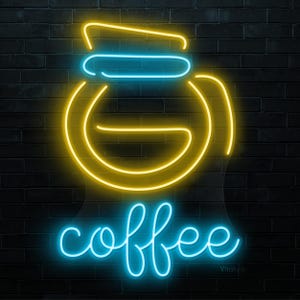Puede incluir: Un letrero de neón sobre una pared de ladrillos negros. El letrero presenta el contorno de una cafetera en amarillo y la palabra "coffee" en azul. La iluminación de neón crea un contraste vibrante contra el fondo oscuro.