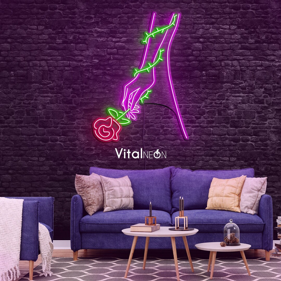 Hand Holding Rose Flower Neon Sign, Rose Flower LED Light, Stylish and
