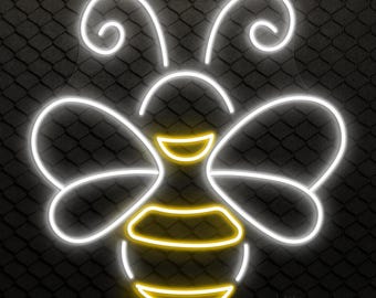 May include: A white neon bee with yellow stripes on a black background. The bee has two antennae and wings.