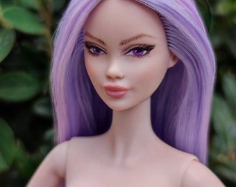 2023 MATTEL BARBIE, cheveux violet sirène Odile OOAK, hybride + corps d'origine et diadème