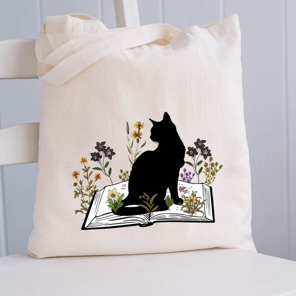 Bolso de mano de libro floral lindo, bolso para amantes de los libros, bolso para amantes de los gatos, bolso de mano de gato lindo, regalo para mamá gato, bolso de libro, bolso de biblioteca