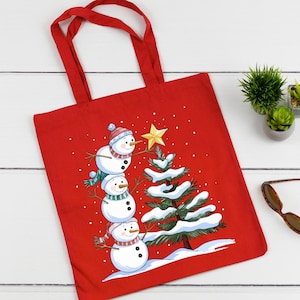 Cute Snowman Tote Bag, Christmas Tree Tote Bag, Snowman Tote Bag, Christmas Tote Bag, Xmas Tote Bag, Christmas Gift, Xmas Gift For Woman