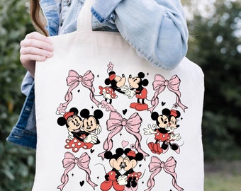 Mickey And Minnie Love Tote Bag, Coquette Pink Bow Tote Bag, Disney Mickey And Minnie Totes, Gift For Girlfriend, Disney Valentines Tote Bag