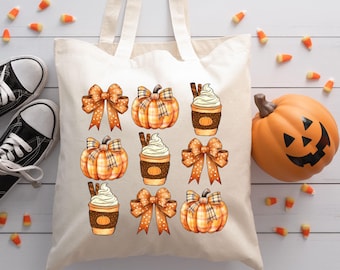 Pumpkin Season Halloween Tote Bag, Pumpkin Bow Tote Bag, Pumpkin Latte Tote Bag, Halloween Tote Bag, Halloween Gift
