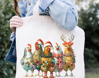 Christmas Chickens Tote Bag ,Chicken Lover Gift, Gift For Farmer, Group of Chickens Bag, Farm Animal Bag for Women, Farmer Tote Bag