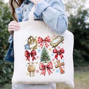 Jesus Coquette Christmas Tote Bag, Coquette Bow Tote Bag, Jesus Lover Gift, Christmas Tote Bag, Xmas Tote Bag, Xmas Gift