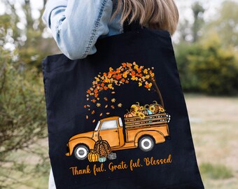 Thanksgiving Truck Tote Bag, Autumn Fall Tote Bag, Pumpkin Fall Tote Bag, Tractor Tote Bag, Gift For Thanksgiving, Thankful Tote Bag