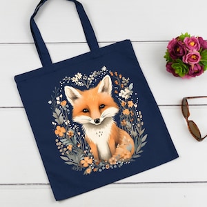 Floral Fox Tote Bag, Flowers Tote Bag, Gift For Animal Lover, Book Bag, Nature Lover Gift, Cute Fox Tote Bag, Shoulder Bag, Grocery Bag