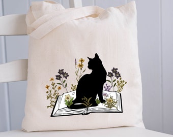 Cute Floral Book Tote Bag, Tote for Book Lovers, Tote for Cat Lovers, Cute  Cat Tote Bag, Gift for Cat Mom, Bookish Tote, Library Tote