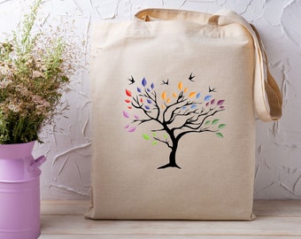 Eco Tote Bag with Tree and Birds, Tote Bag Aesthetic, Tree Tote Bag Canvas, Nature Tote Bag, Shoulder Bag, Large Capacity Canvas Bag