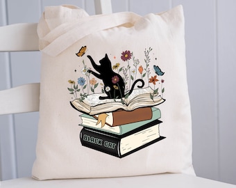Cat with Book and Flowers Tote Bag, Bookish Shoulder Bags, Cute Cat and Floral Bag, Gift for Cat and Book Lovers, Gift for Readers Totes