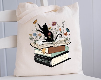 Bolso de mano de gato con libro y flores, bolsos de hombro libreros, lindo gato y bolso floral, regalo para amantes de los gatos y los libros, regalo para los lectores Totes